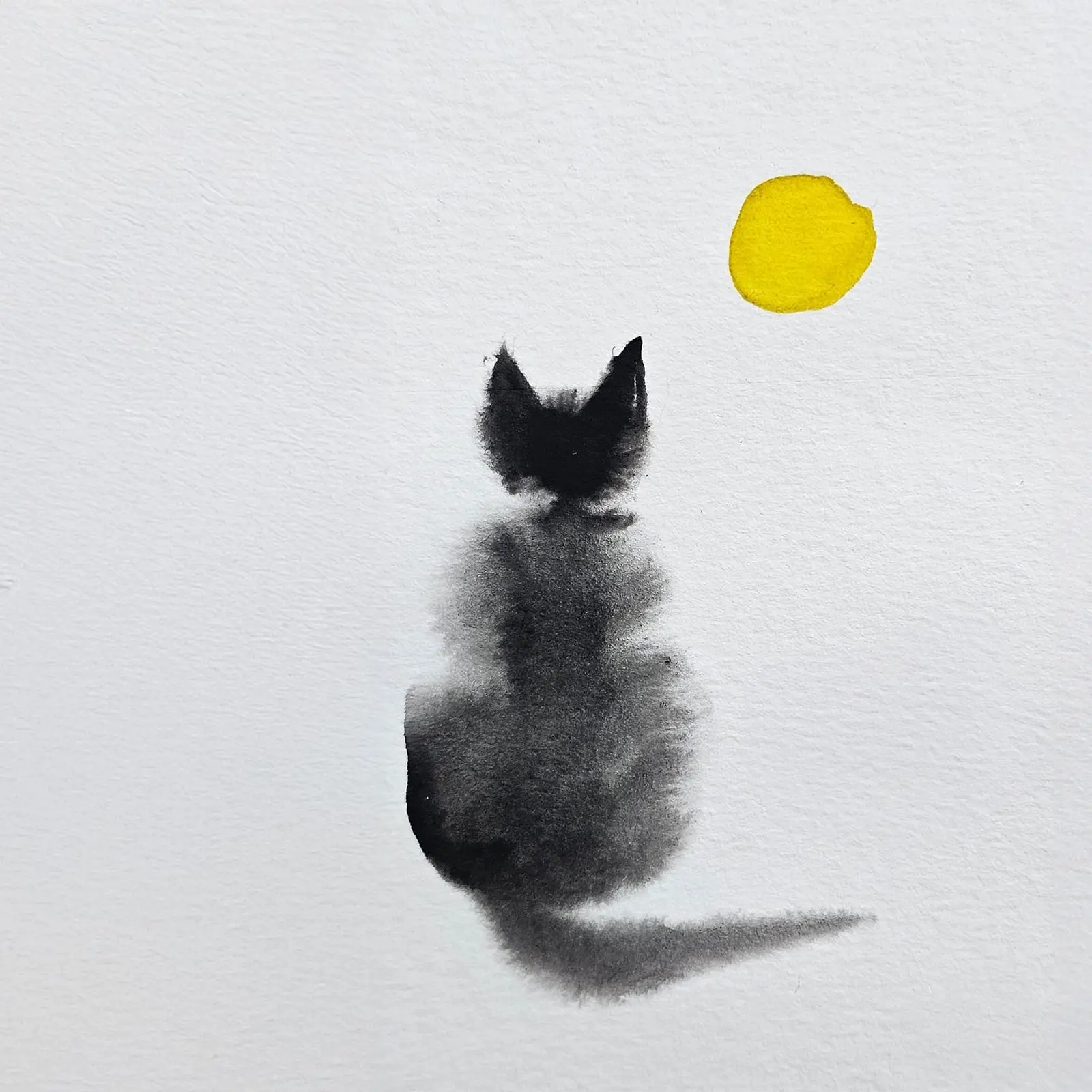 This Time Will Pass Anyway: an ink painting of a cat seen from behind, looking up at a small yellow moon.